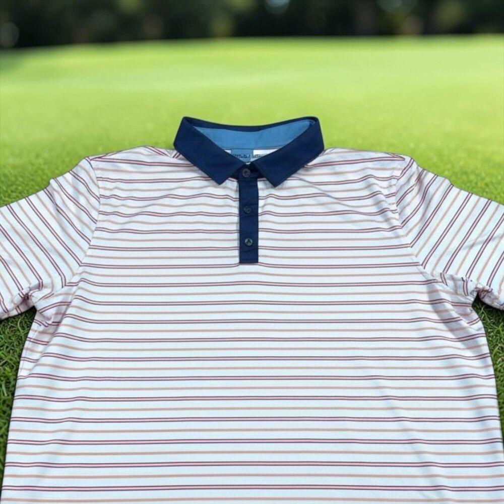 RHONE Polo Shirt Men's X-Large Striped Coral Pink White Short Sleeve Golf Casual